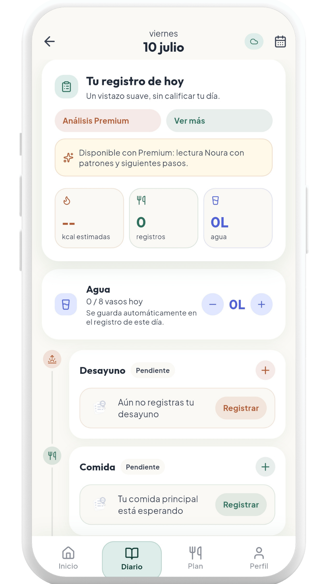 Diario de Noura con registro del día, agua y comidas pendientes.