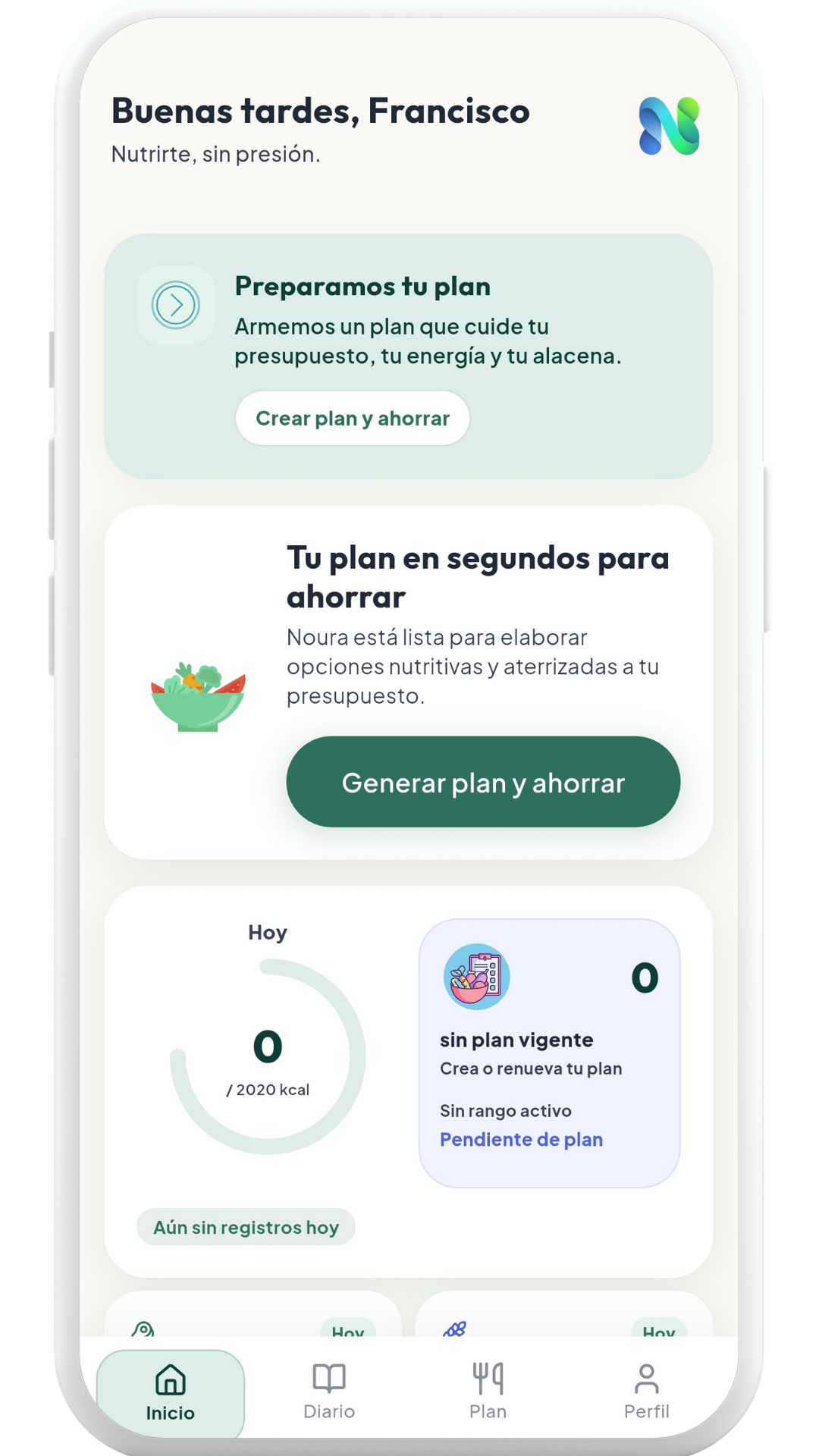 Pantalla de inicio de Noura con saludo, preparación de plan, calorías y accesos principales.