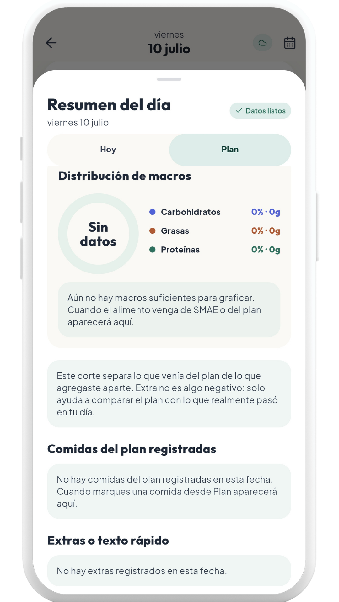 Resumen de estadísticas en Noura con macros, comidas registradas y extras del periodo.