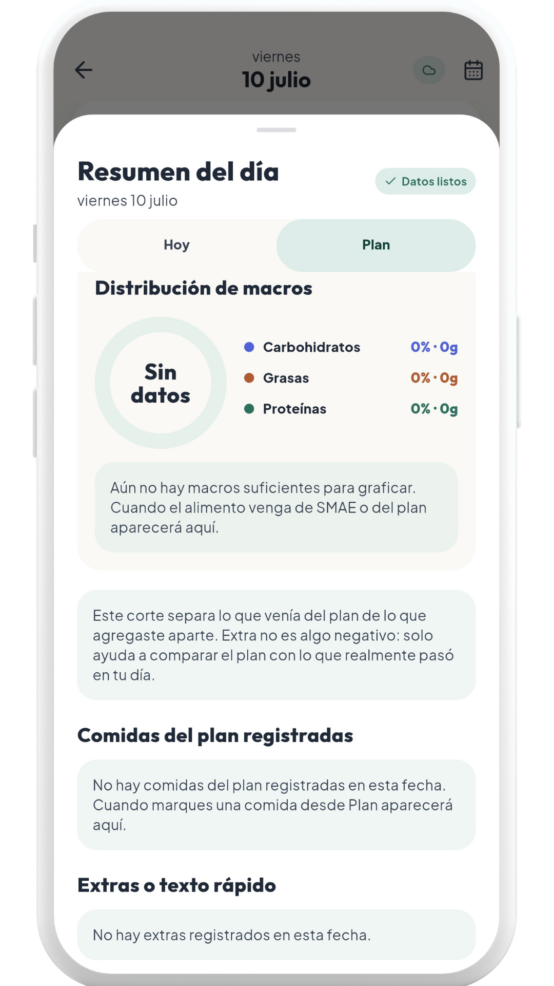 Resumen de estadísticas en Noura con macros, comidas registradas y extras del periodo.