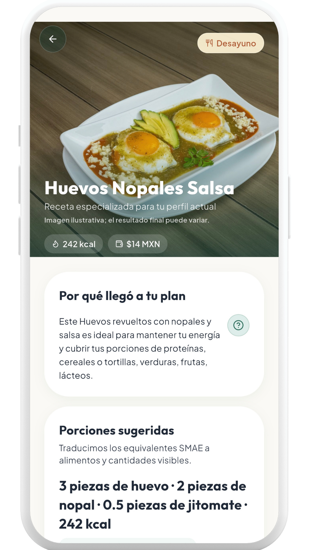 Detalle de receta en Noura con foto del platillo, calorías, costo y porciones sugeridas.