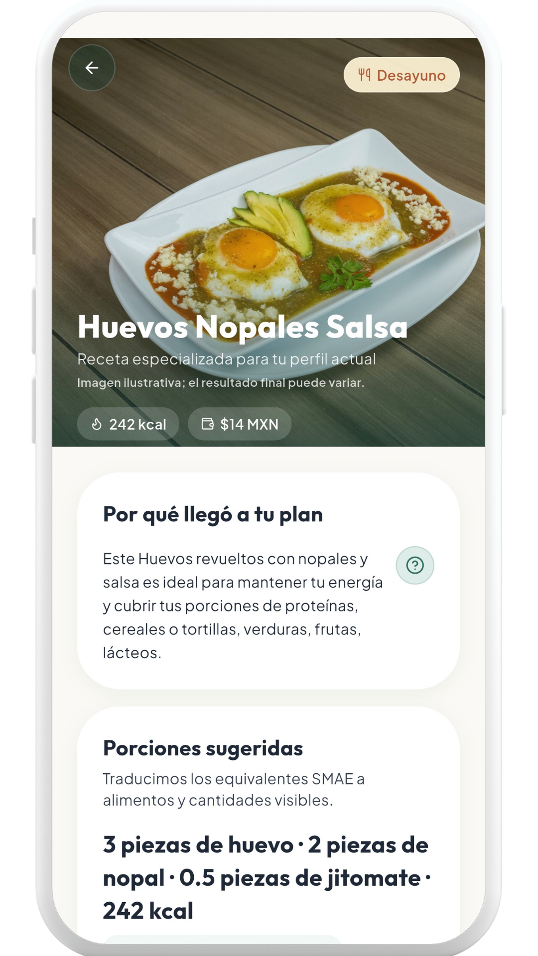 Detalle de receta en Noura con foto del platillo, calorías, costo y porciones sugeridas.